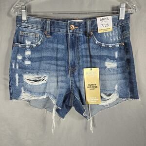 Ariya Jeans Shorts Juniors 7/28 Blue Curvy Mid Rise Distressed Cutoff Raw Hem